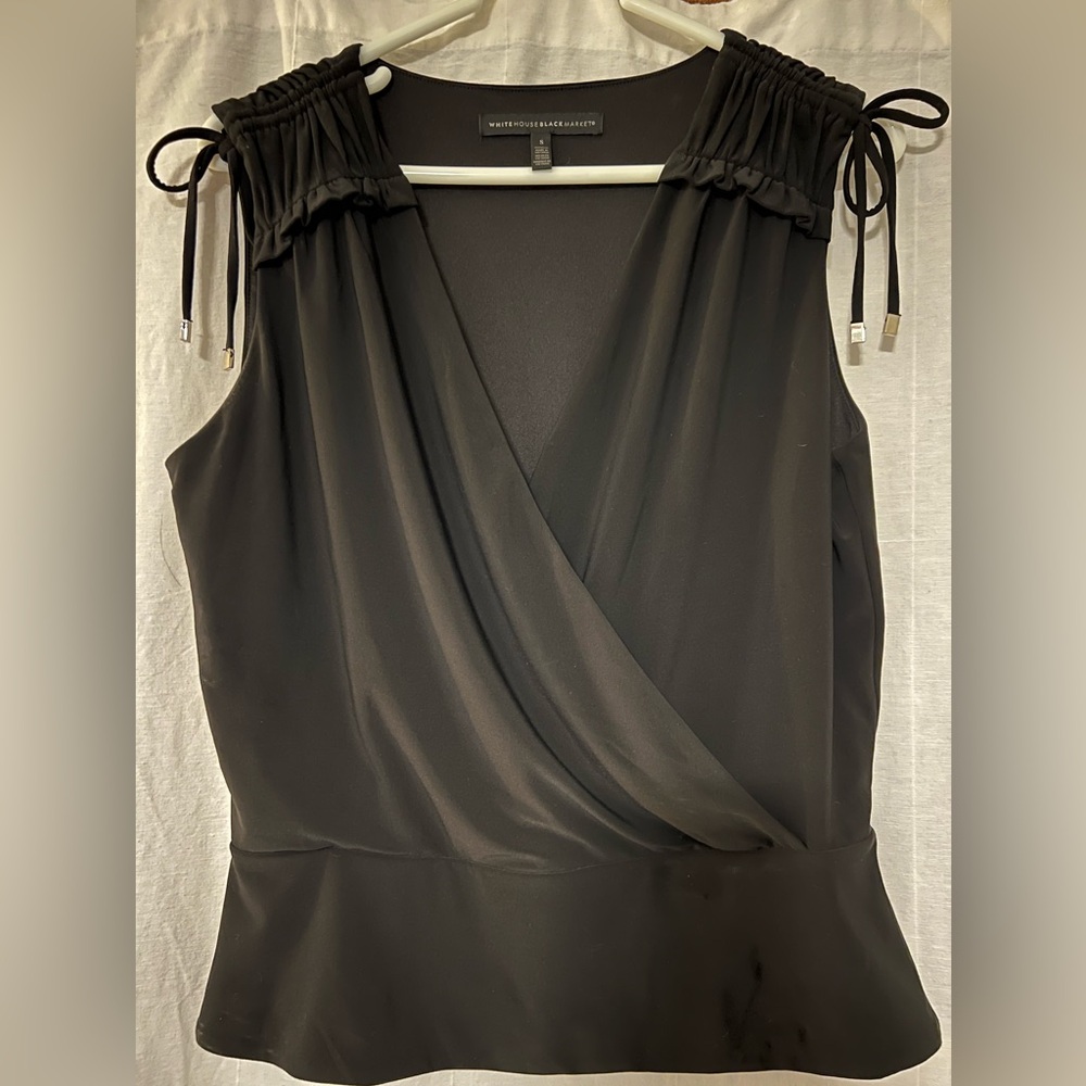 White House black market faux wrap blouse with tie ruched sleeve detail